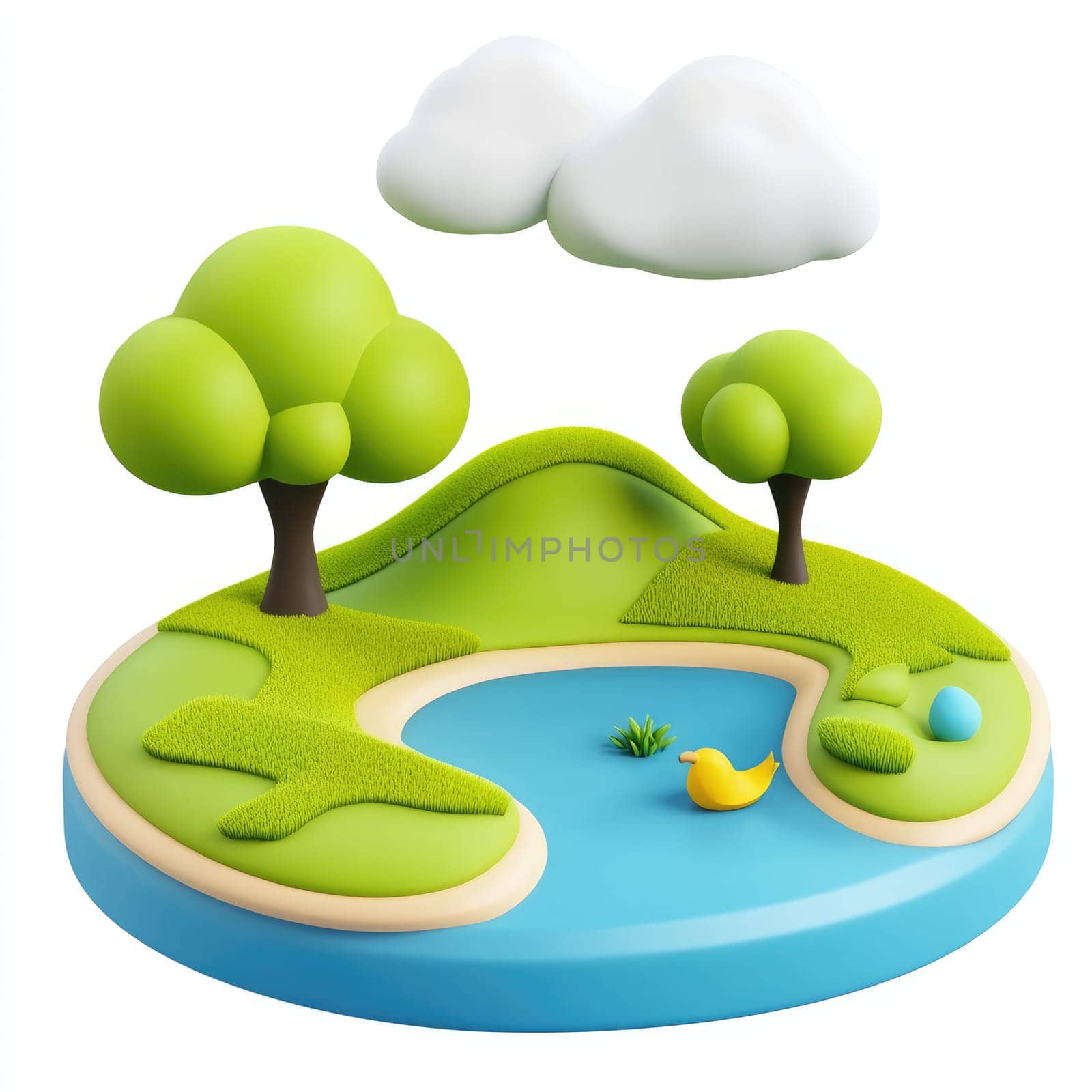 Whimsical, cartoonish depiction of a miniature, round island with trees, hills, and a pond, perfect for a children's book or  art asset.