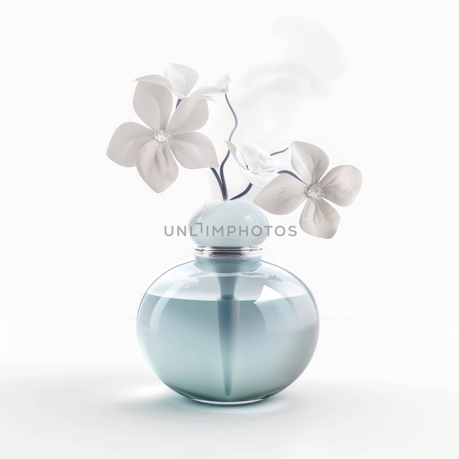 Light blue glass perfume bottle, filled with liquid, adorned with a bouquet of three white flowers, displayed against a plain white background.  The image has a polished, smooth quality.