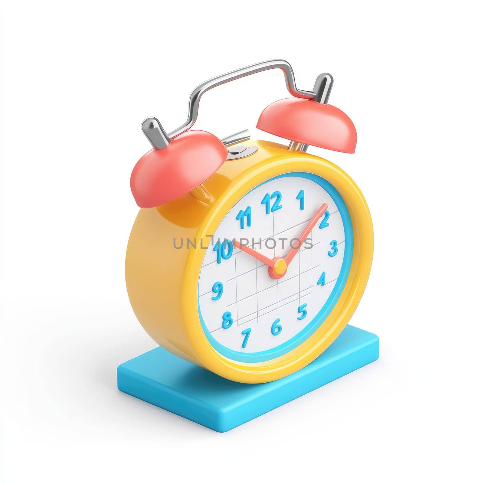Three-dimensional, colorful alarm clock, designed with bright yellow, teal, and pink hues, sitting on a teal base against a white background.
