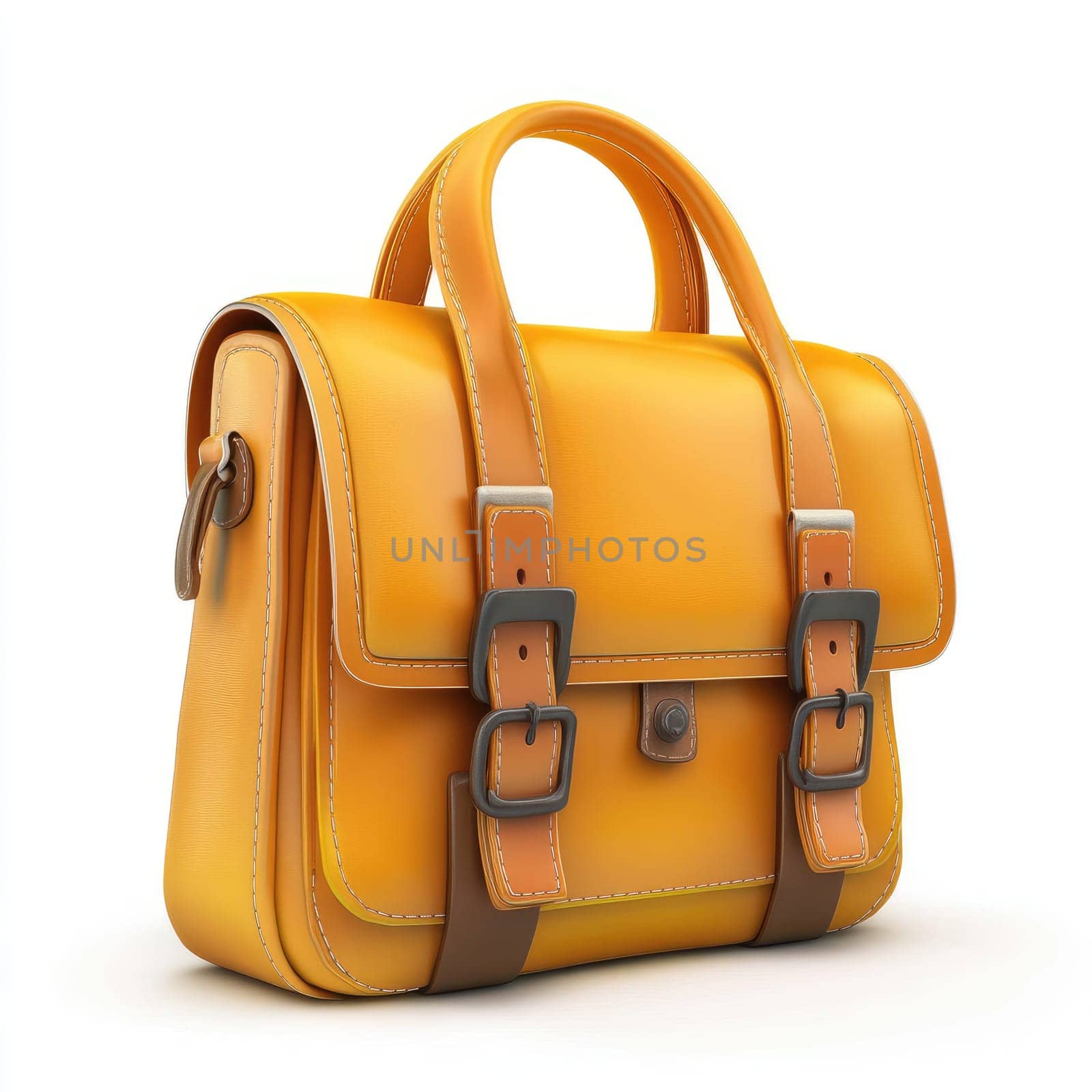 Three-dimensional, digital rendering of a yellow satchel-style handbag with brown accents and buckles, set against a plain white background.