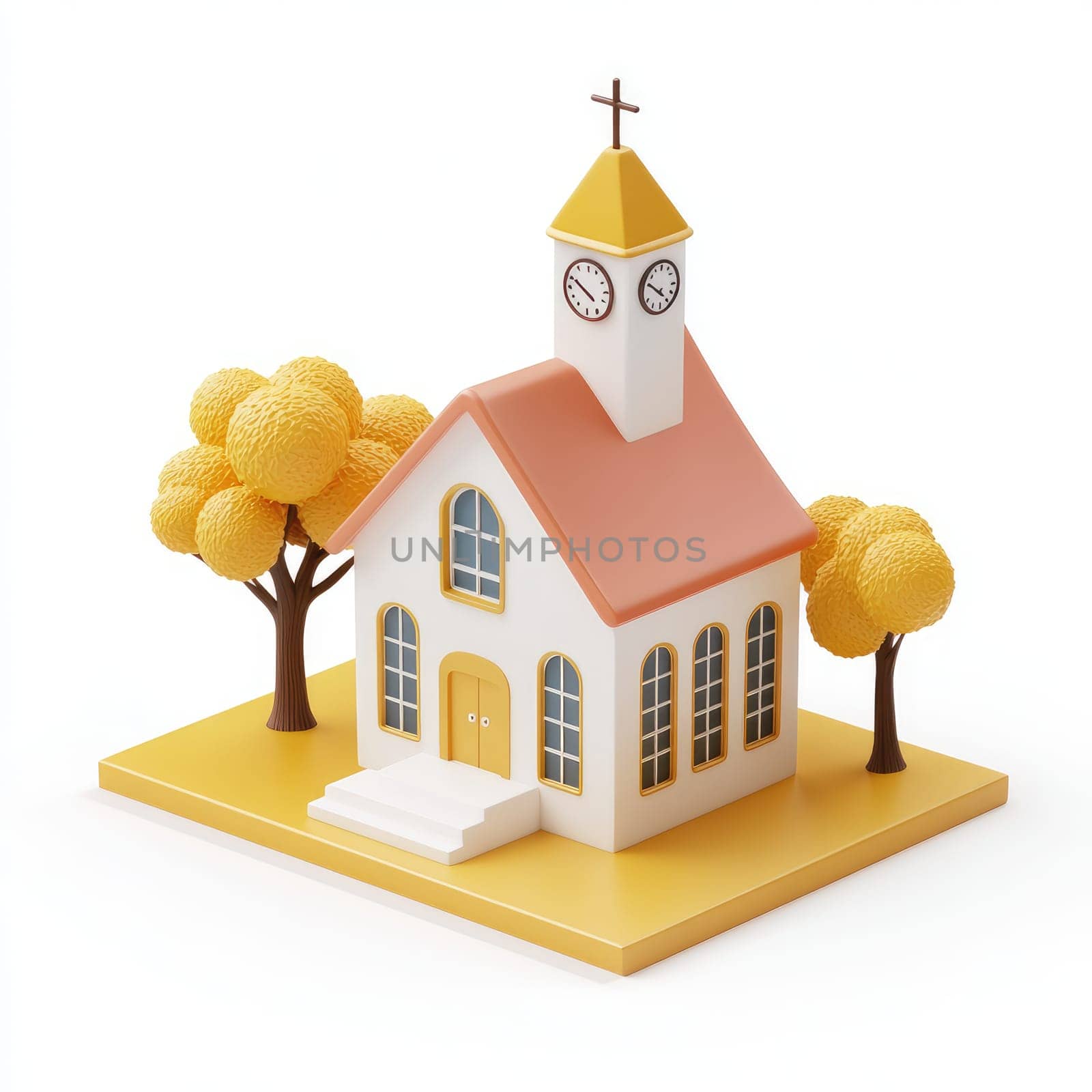 Stylized, rendered model of a church, with autumnal color scheme and simple design elements.  It sits on a yellow base, with trees on either side.