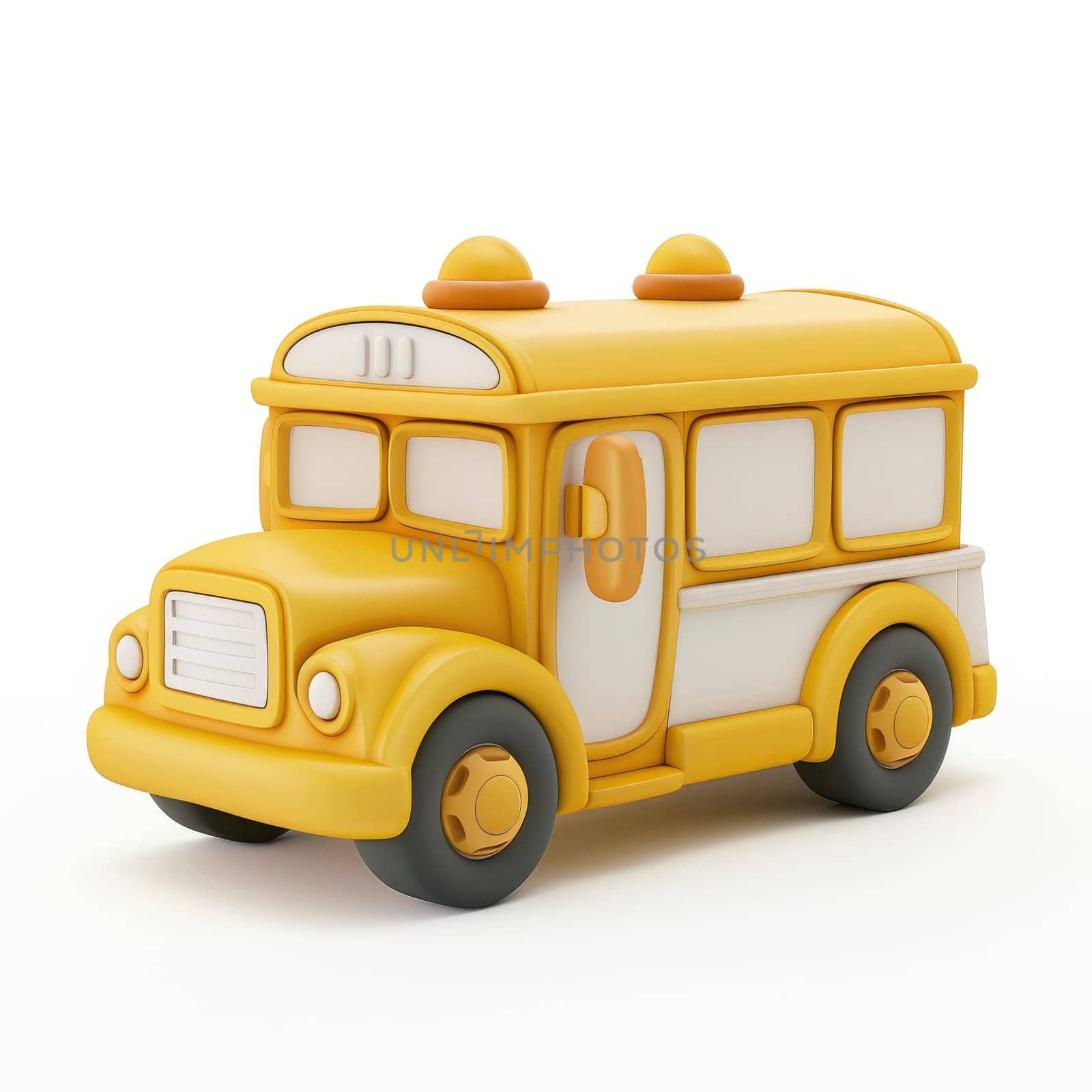 Vibrant yellow school bus, rendered in a stylized, three-dimensional design, is presented against a plain white background.  It's a simplified model, likely for use in a graphic design or illustration project.