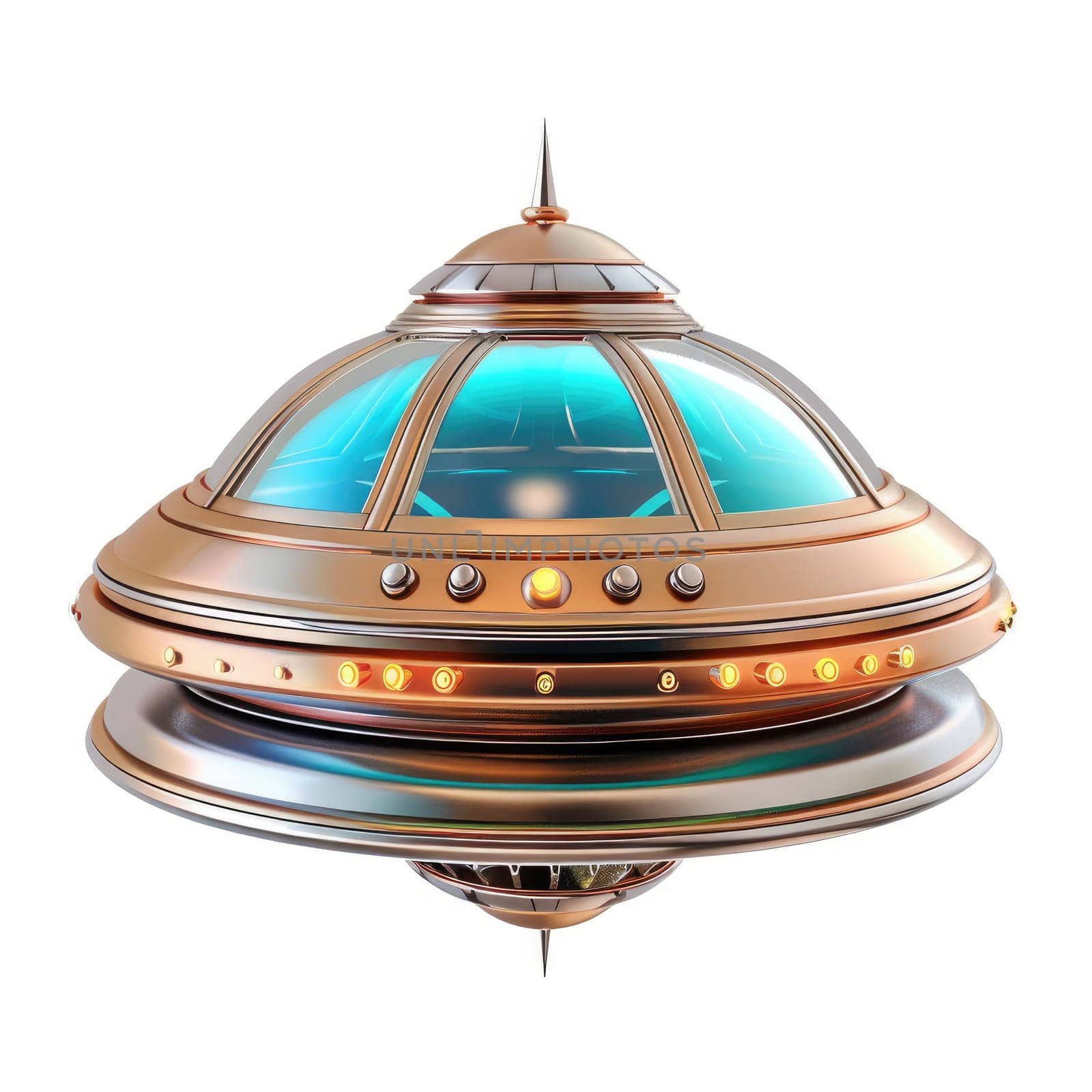 Digitally rendered,  isolated image of a futuristic, flying saucer.  The craft features glowing lights and  decorative panels.