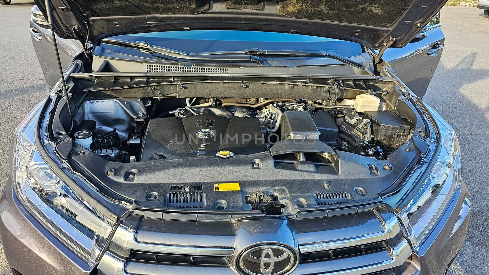 Ottawa, ON Canada - 09.09.2023: Toyota Vehicle Engine Bay Ready For Inspection, Mechanical Maintenance and Repair Work. Car Motor Closeup.