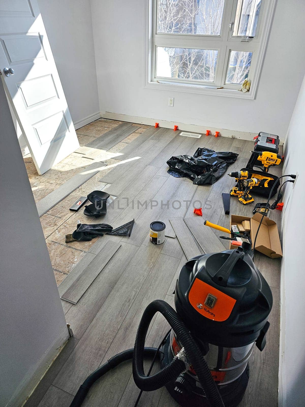 Ottawa, ON Canada - 04.23.2024: Renovating Room with Wood-Look Vinyl Flooring Installation Project in Progress with DeWalt, Kubota Tools.