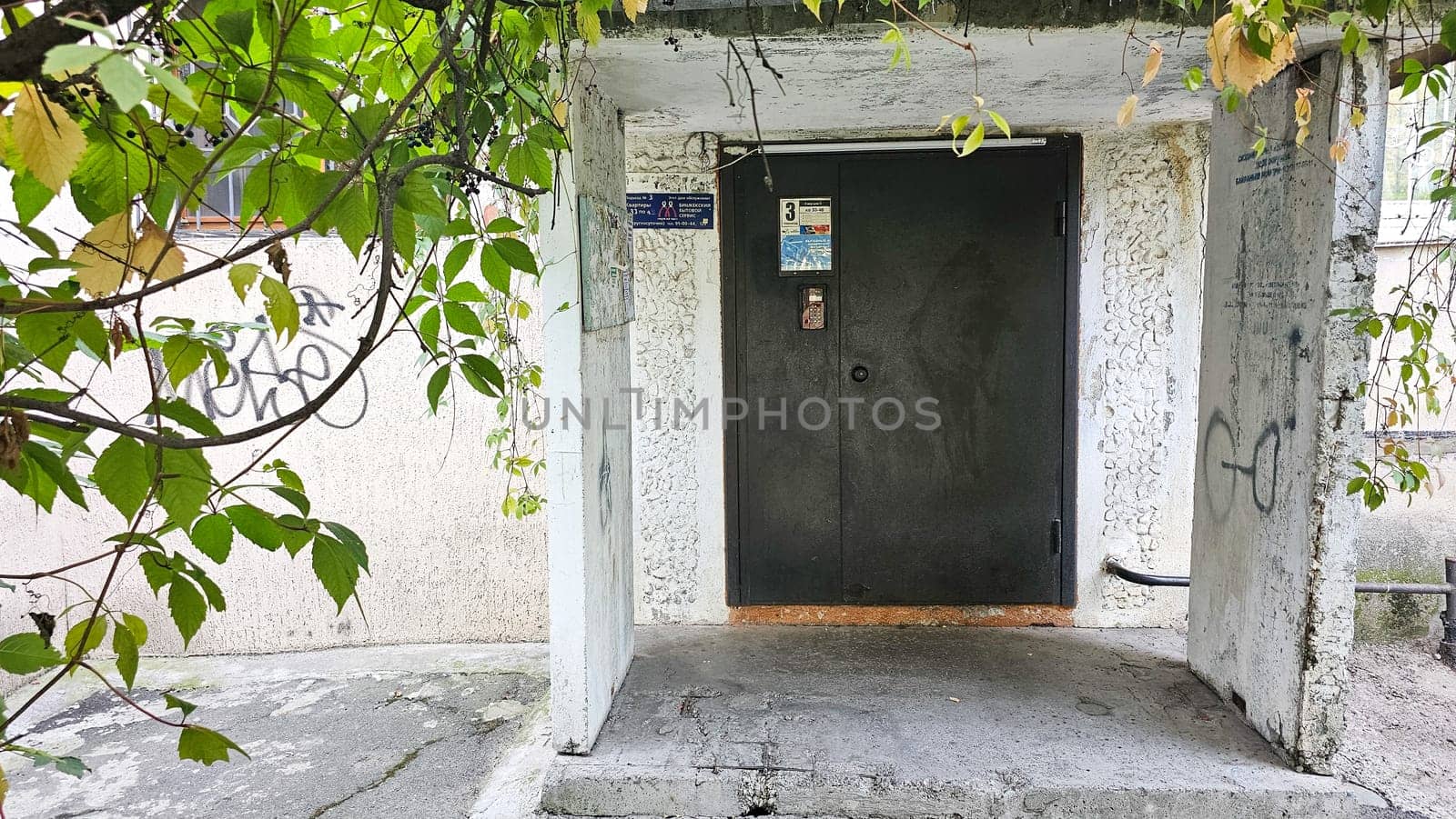 Bishkek, Kyrgyzstan - 10.05.2024: Weathered Entrance to a Building with Graffiti and Overgrown Vegetation, Urban Decay Concept.
