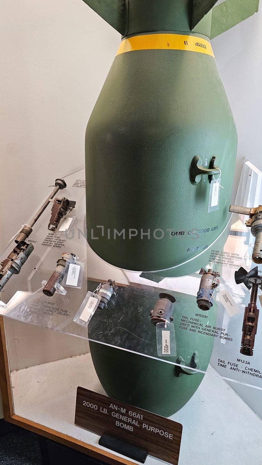 Eglin AFB, FL USA - 12.27.2024: Historical 2000-Pound Bomb Display with Detonators and Fuses, a Relic of Military History.