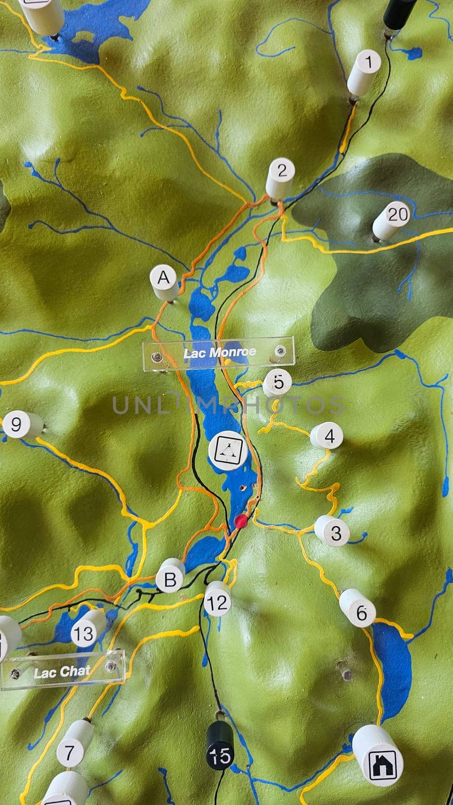 Mont-Tremblant, QC Canada - 08.27.2024: Detailed Topographic Map Model with Lakes, Rivers, and Terrain Features, a Geographical Study.