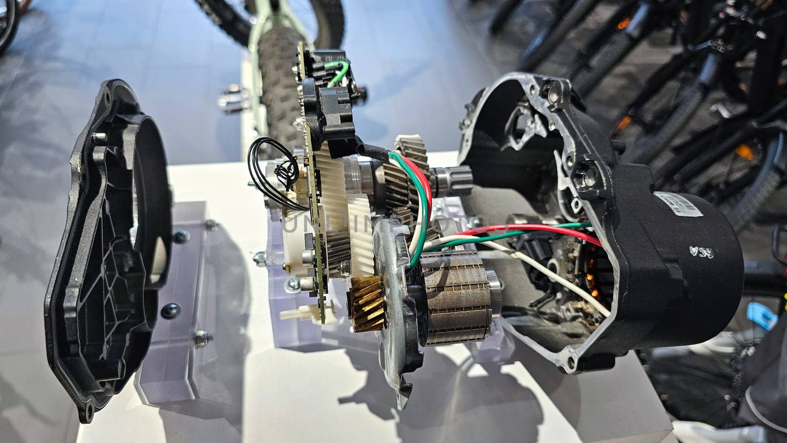 Ottawa, ON Canada - 06.29.2024: E-Bike Motor Exposed A Glimpse into Electric Bicycle Engineering and Mechanical Components.