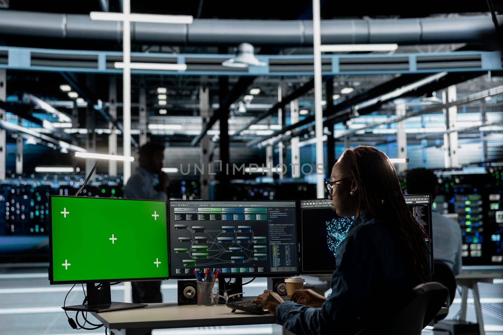 Server hub expert using AI programming language on chroma key computer to configure specialized hardware. Data center engineer using artificial intelligence neural networks on isolated screen PC