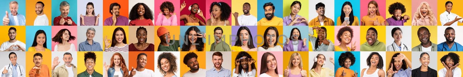 A collection showcasing a variety of faces from diverse backgrounds, each person radiating joy and individuality in bright, colorful settings. Celebrating diverse lifestyle and unity.