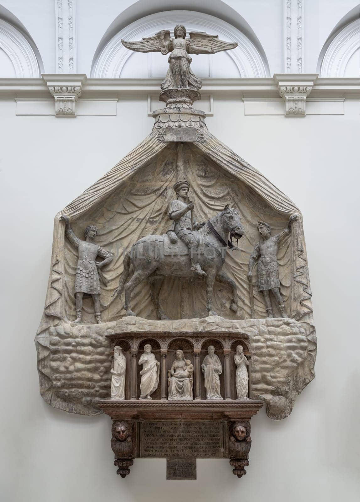London, UK - May 07, 2025 - Equestrian monument to Marchese Spinetta Malaspina and The five small statues in the niches of the cenotaph displayed in The V&A (Victoria and Albert Museum) in London. Its equestrian form is typical of Verona, use it as your Wallpaper, Poster and Space for text, Selective focus.