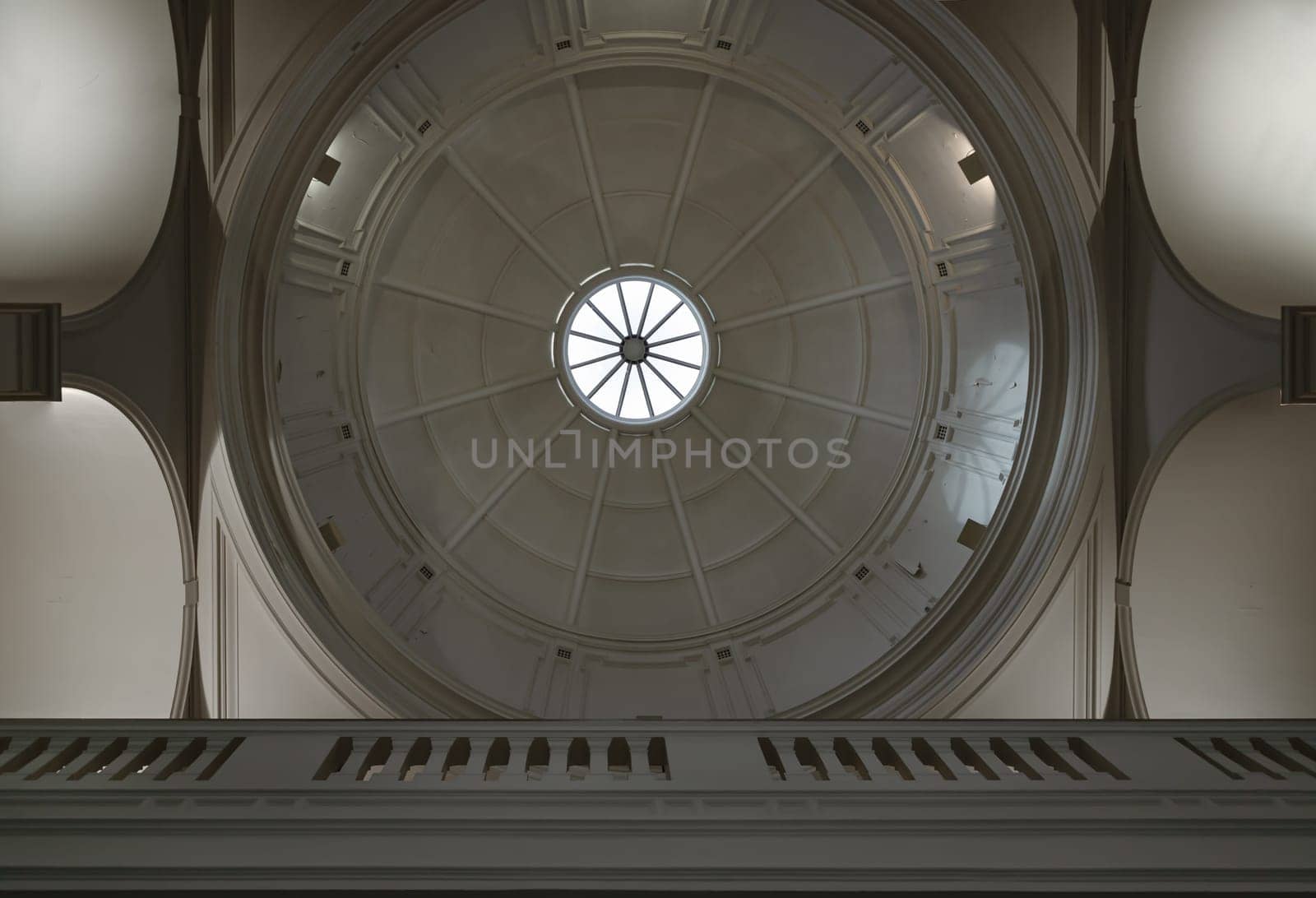 London, UK - May 07, 2025 - Upward View of round ceiling with glass dome skylight inside Hallway of The V&A (Victoria and Albert Museum) in London. use it as your Wallpaper, Poster and Space for text, Selective focus.