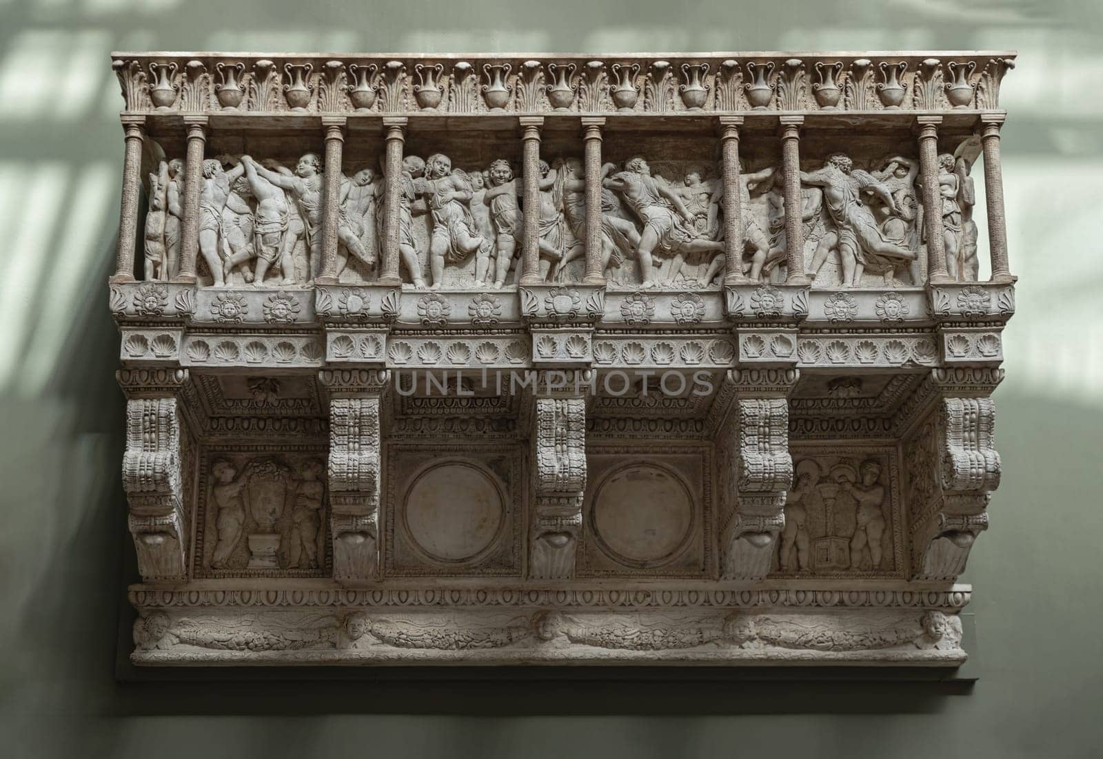 London, UK - May 07, 2025 - The Cantoria or Singing Gallery, Plaster cast of the cornice and columns which forms part of the cantoria after marble original displayed in The V&A (Victoria and Albert Museum) in London, use it as your Wallpaper, Poster and Space for text, Selective focus.