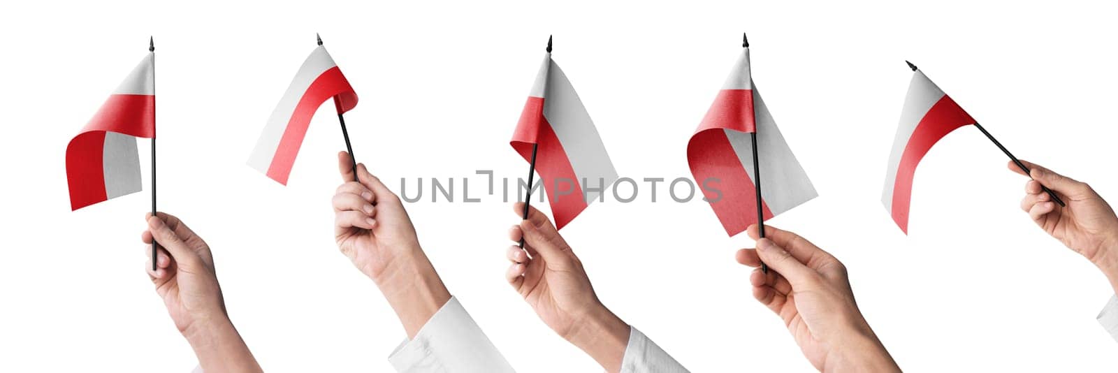 The Poland flag in hand in different angles on a white background.