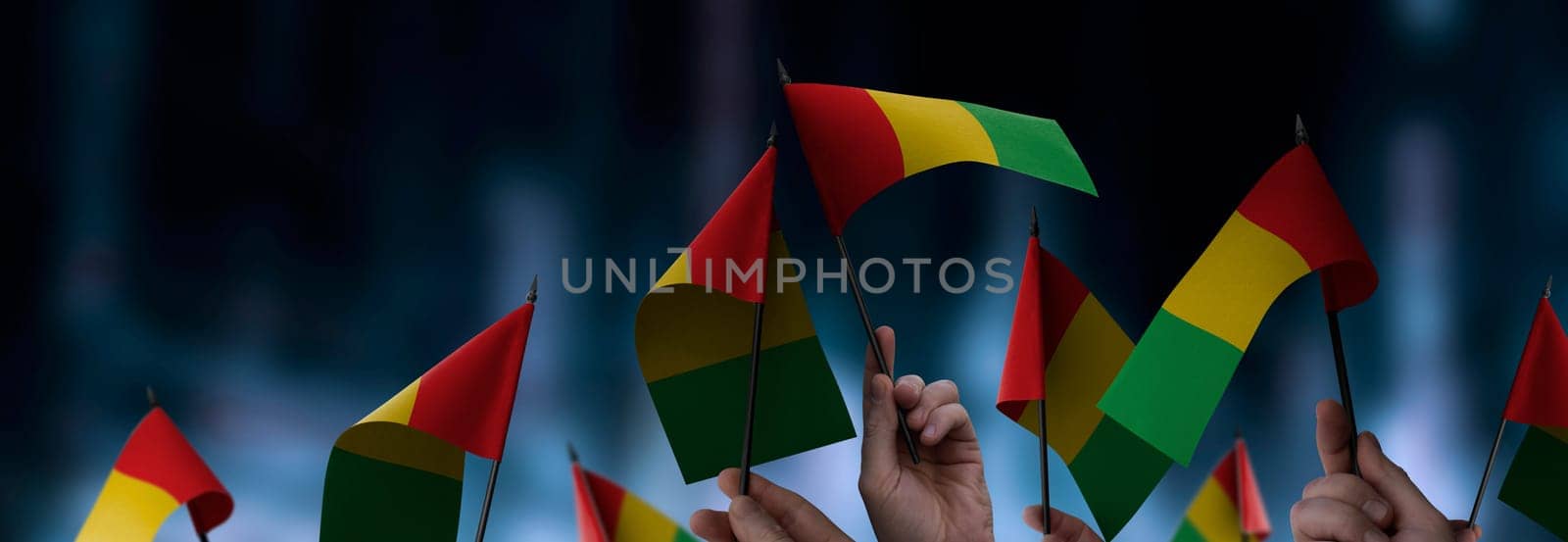 Guinea flags in their hands on a blurred urban background. The photo illustration was created without the use of artificial intelligence, only using Photoshop.