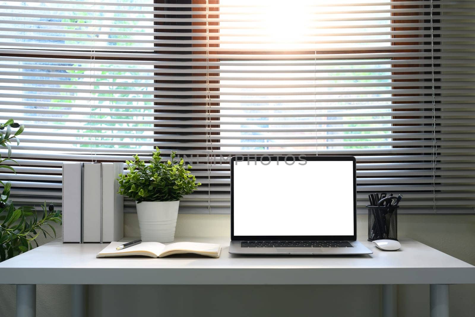 Minimalist workspace with a blank laptop screen, notebook, and plants by the window.