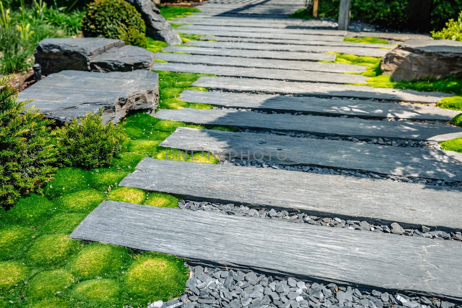 Conifer and slate path with bark mulch and native plants in Japanese garden. Landscaping and gardening concept.