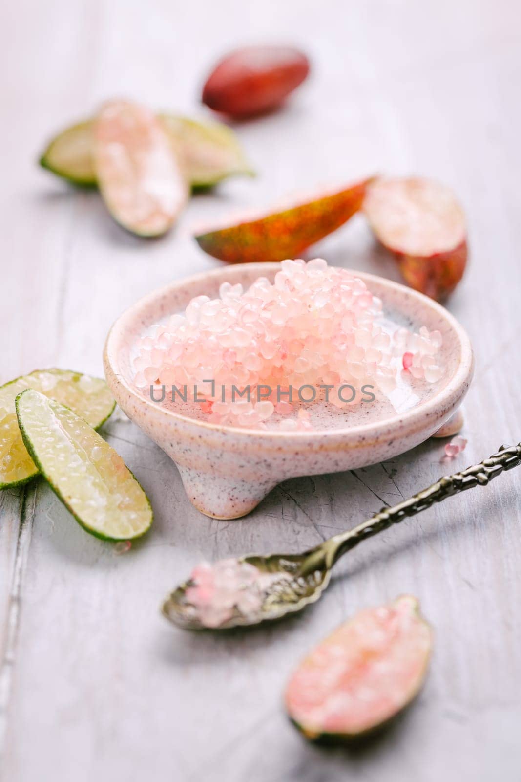Australian finger lime or caviar lime, edible fruits used in gourmet cuisine. Citrus australasica