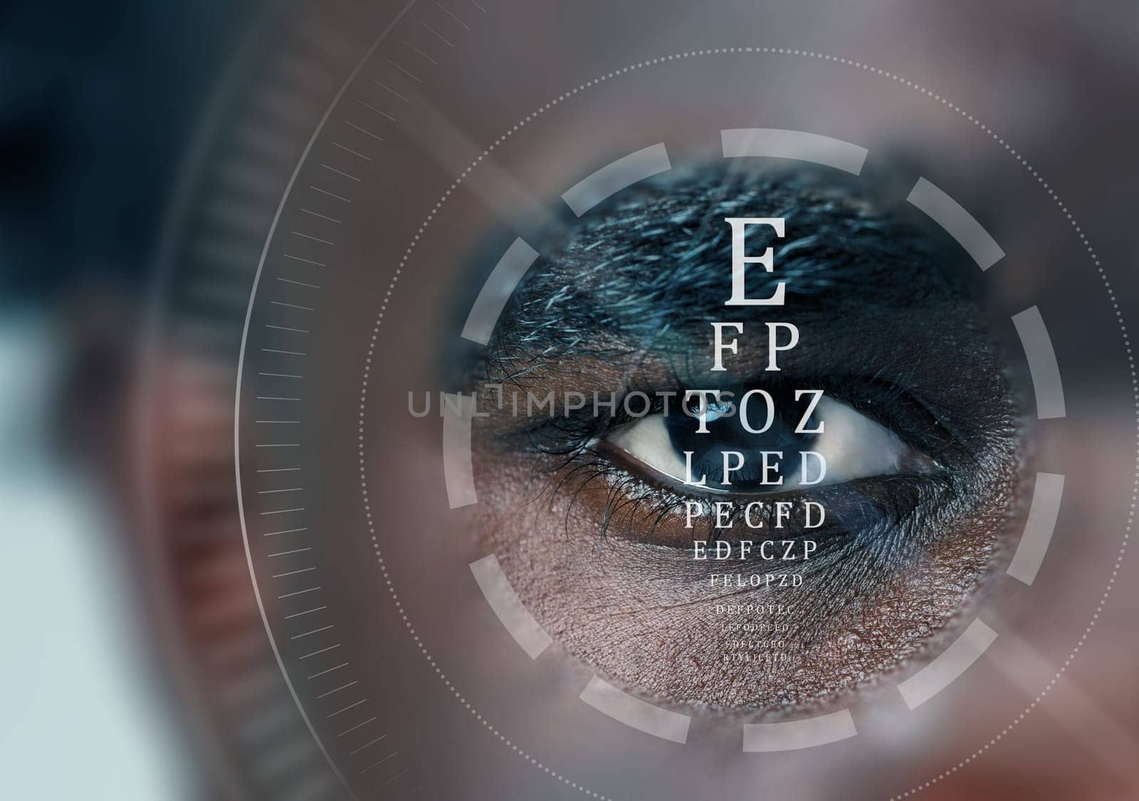 An individual is undergoing an eye examination where visual acuity is being tested. The detailed focus shows letters surrounding the eye, indicating a professional assessment process in daylight.