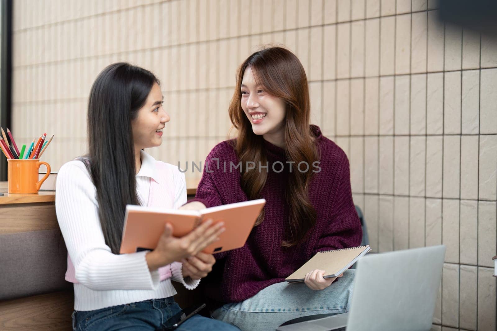 In a cozy study space, two friends engage in a lively discussion about their school notes, fostering collaboration and academic success.