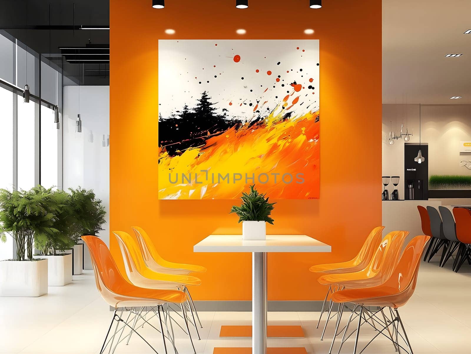 AI generated image of a contemporary dining space with an orange accent wall, abstract artwork, modern transparent chairs, and a minimalist table with plant. Stylish and vibrant interior design.