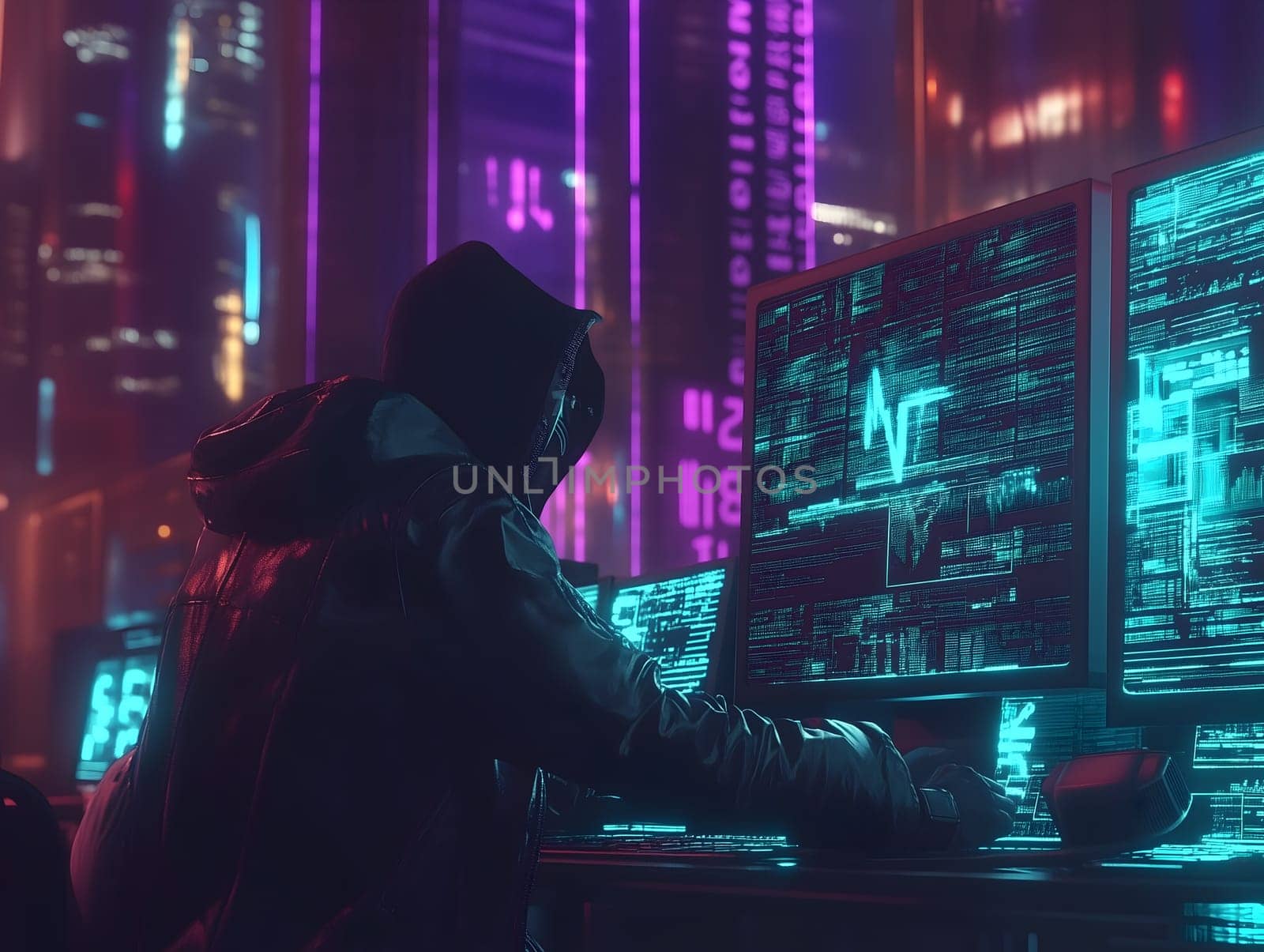 AI generated image of a hooded hacker working at a desk with glowing monitors in a neon cyberpunk city. Digital atmosphere, data breach concept, and futuristic technology environment.