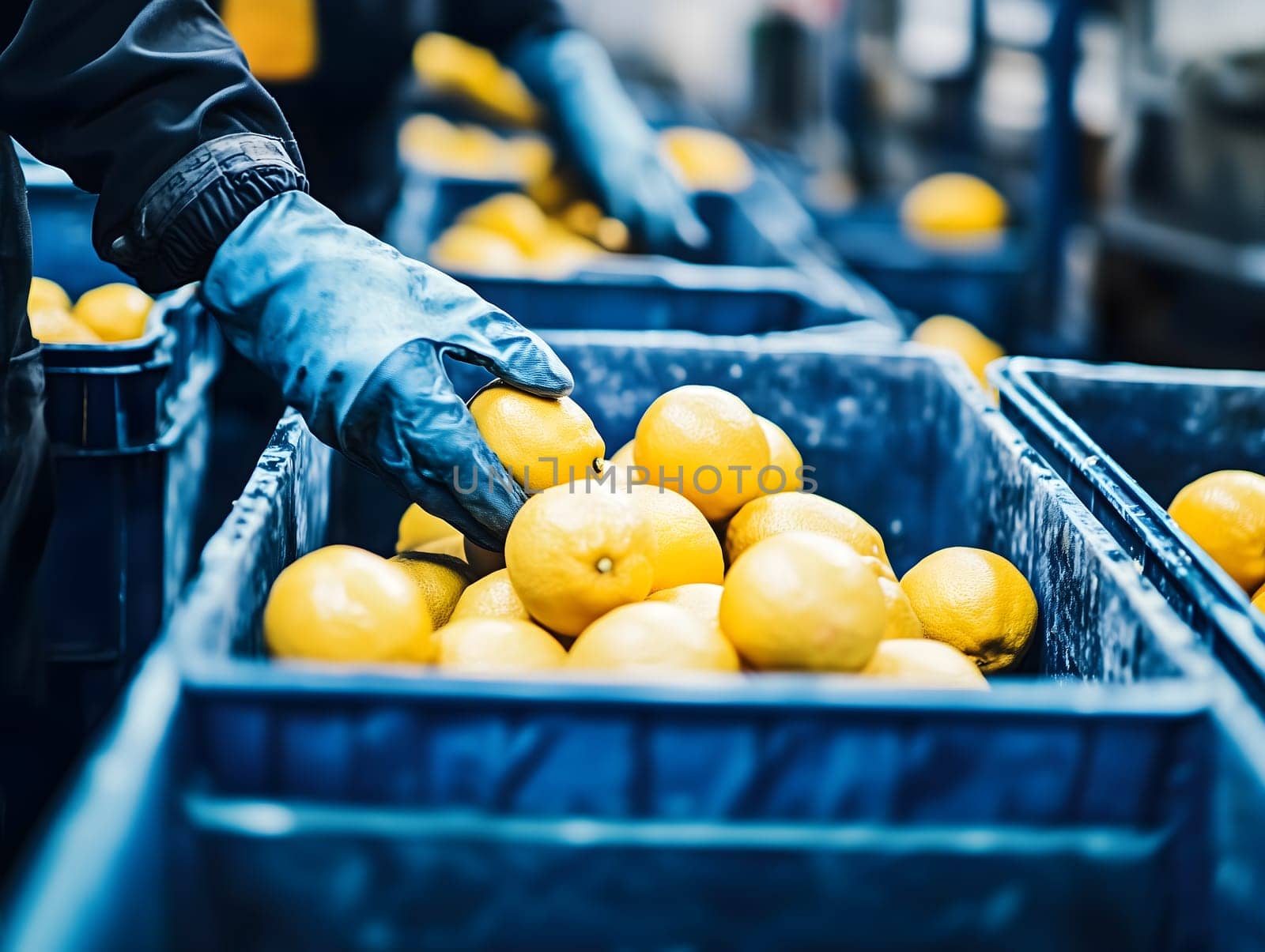 AI generated image showing gloved hands sorting lemons into blue plastic crates at a fruit processing facility. Industrial setting, fresh produce handling, cleanliness and food safety concept.