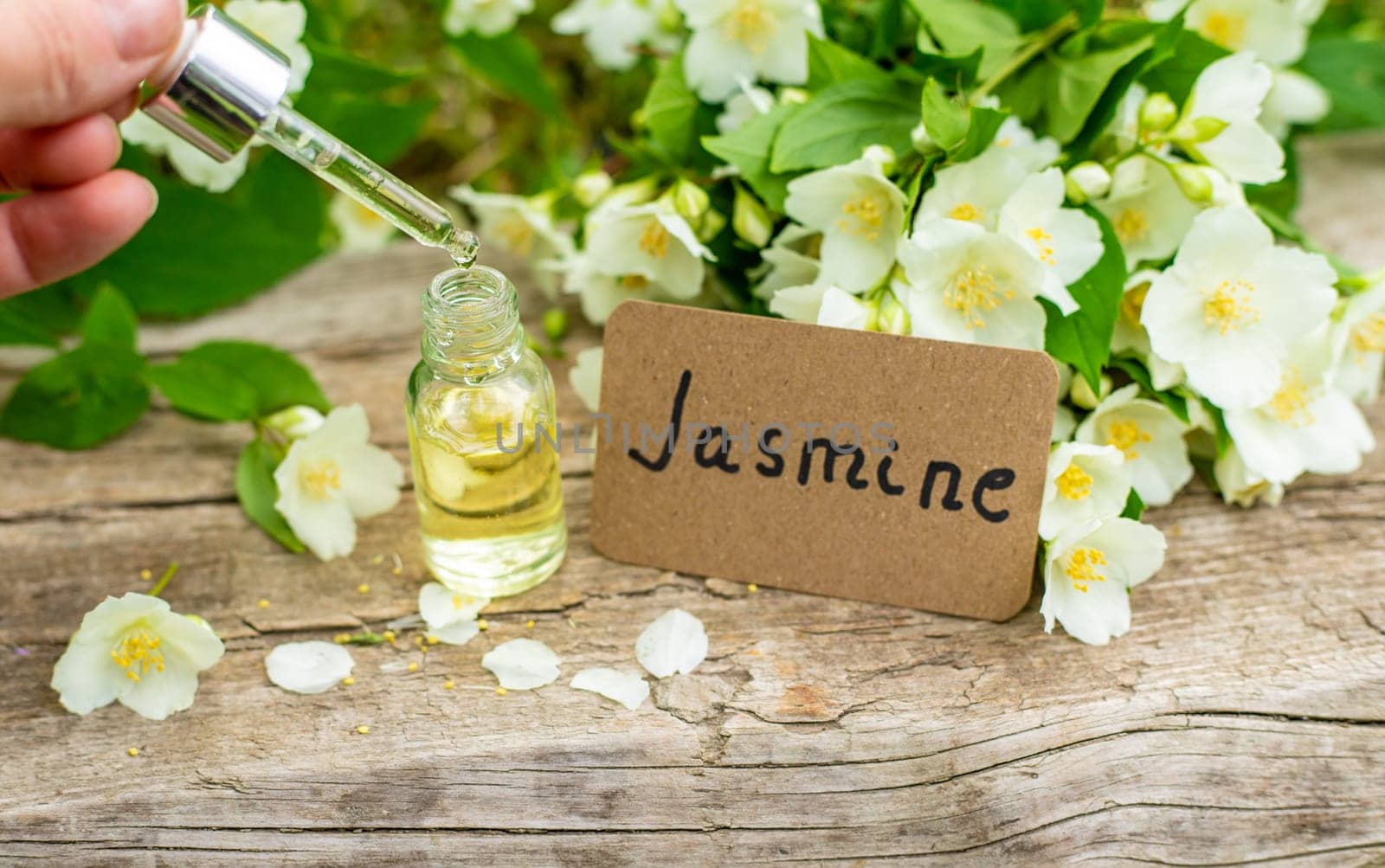 Jasmine essential oil and flowers. Selective focus. nature.
