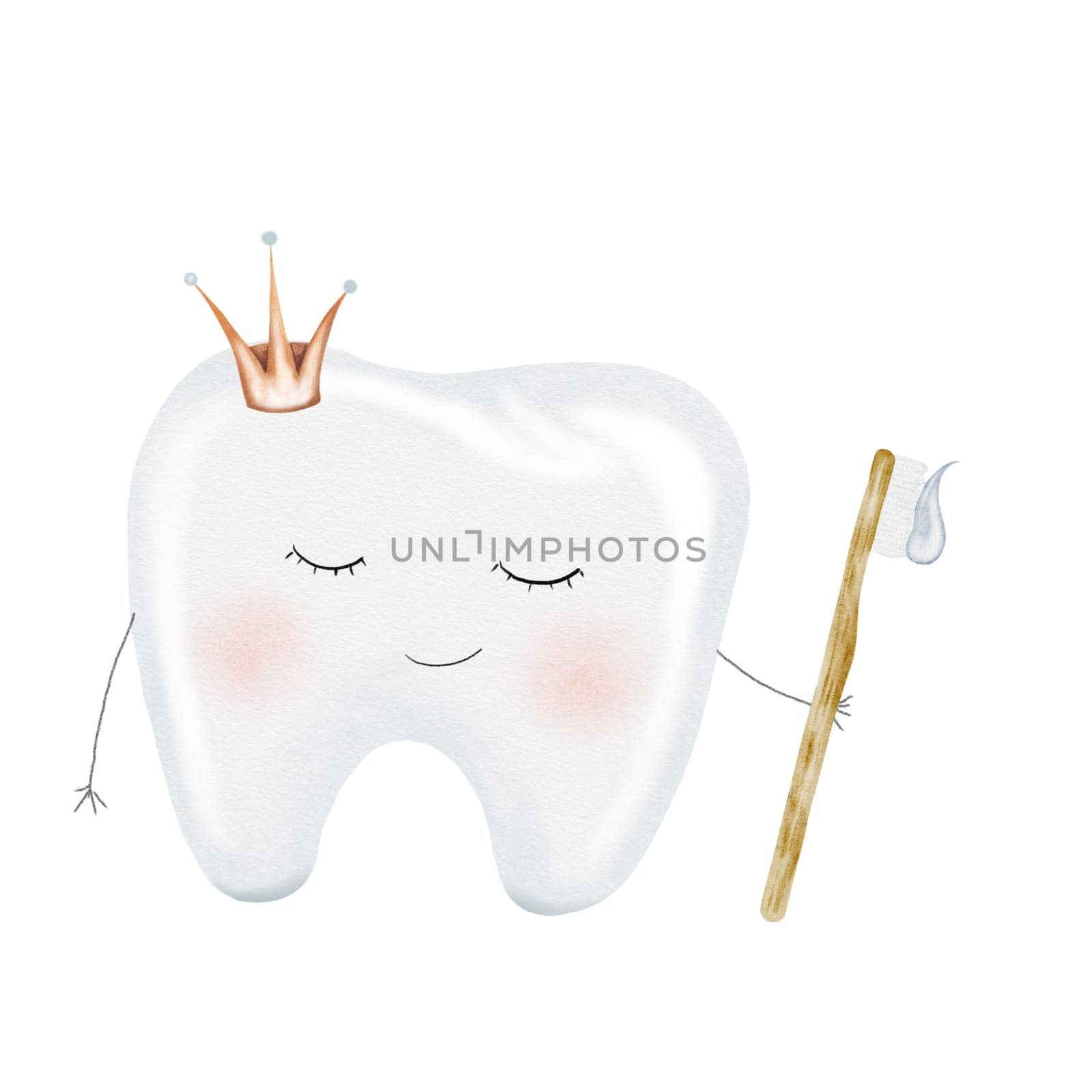 Tooth watercolor. Baby cute cartoon molar with crown, with a toothbrush on isolated white background. Dental clip art. Ideal for cards and invitations to the party baby's first tooth, posters in the doctor's office. High quality illustration