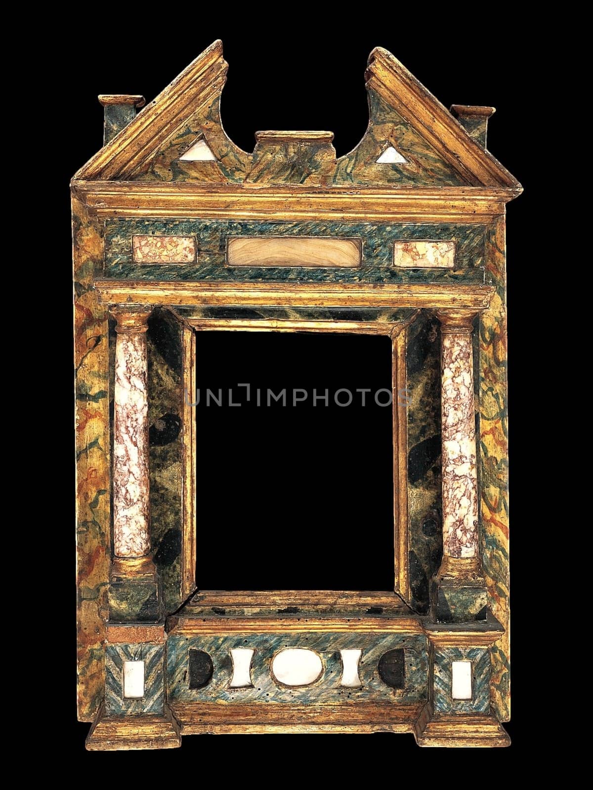 Detailed view of an early 17th-century Italian tabernacle frame from the Marches region. Features ornate gilded elements, dark textured columns, and intricate architectural details. Evokes historical elegance and artistic heritage.