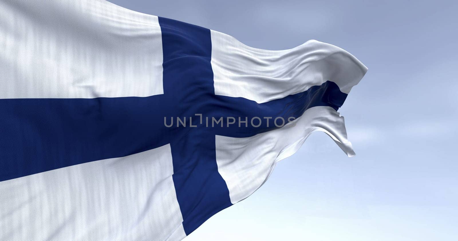 Close-up of national flag of Finland waving in the wind. Blue Nordic cross on white background. Scandinavian country. 3D illustration render. Rippled textile background.