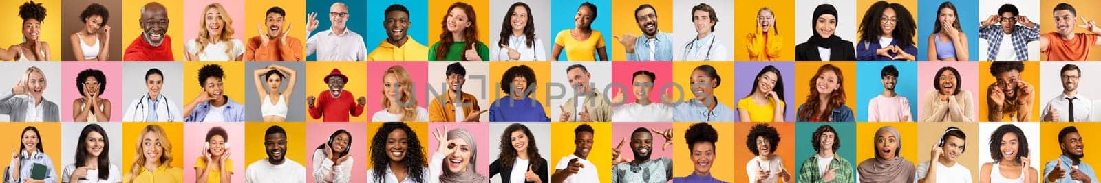 This collage features a joyful collection of portraits depicting diverse individuals from various backgrounds. Each person expresses happiness and connection against colorful backdrops.