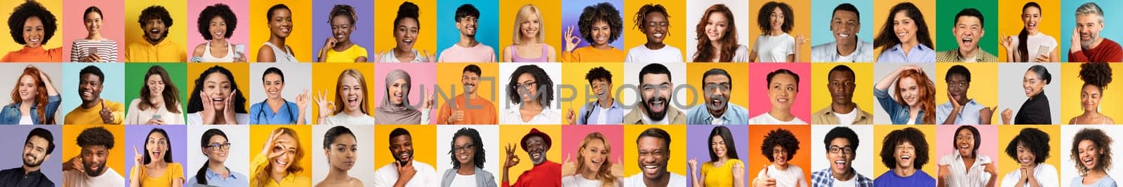 This collection showcases a variety of individuals from different backgrounds, each displaying joy and enthusiasm against colorful backdrops. The diverse expressions highlight unity in diversity.
