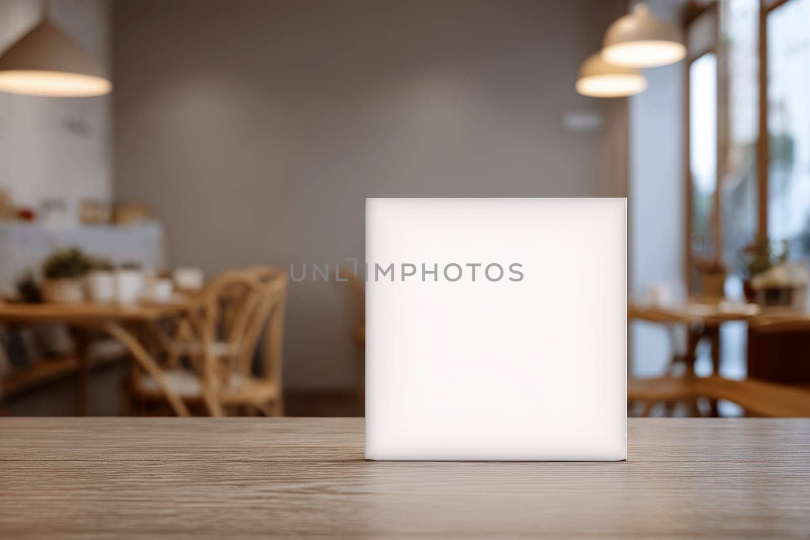 A blank white square card sits on the table of an urban coffee shop, with blurred lights in the background. Created with Ai..