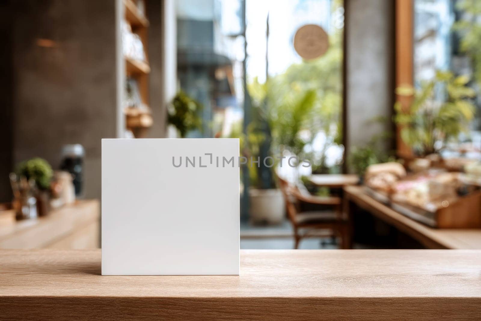 A blank white square card sits on the table of an urban coffee shop, with blurred lights in the background. Created with Ai..