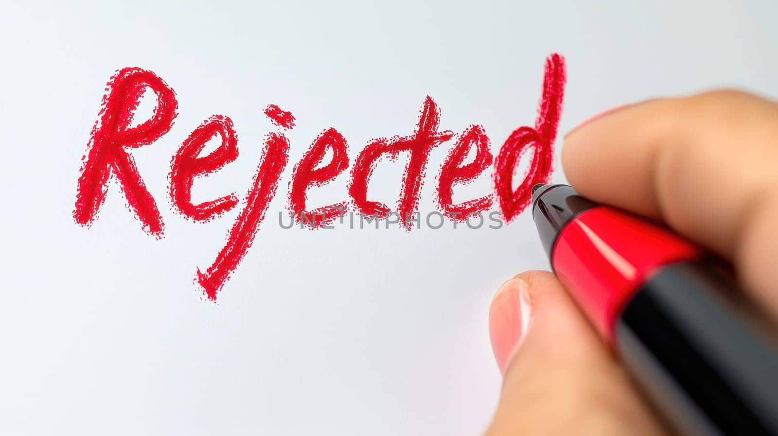 red REJECTED mark, symbolizing disappointment and rejection in professional settings. pen rests nearby, emphasizing formal context..