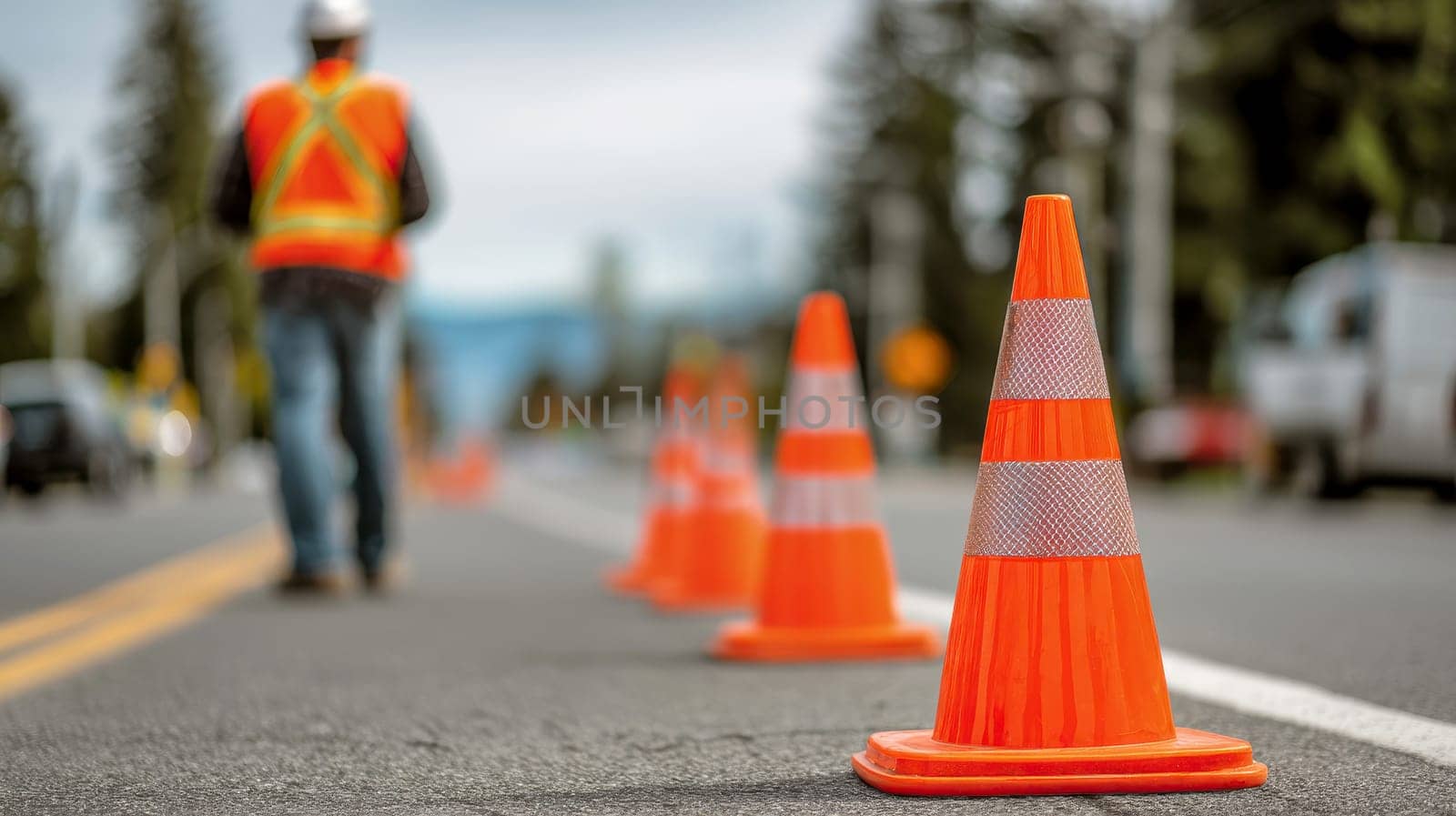Construction Safety Gear in Urban Environment with traffic cones on road..