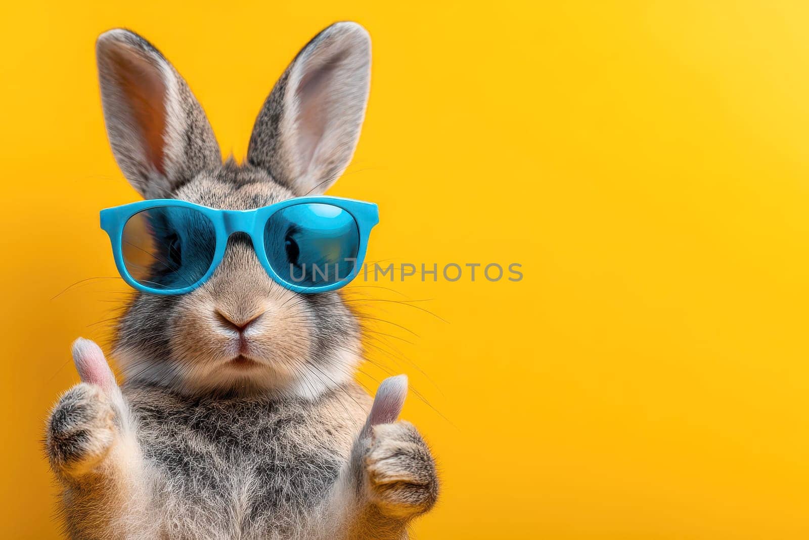 Cool Bunny Rabbit Wearing Sunglasses Thumbs Up Yellow Background pet fun cute happy image photo..