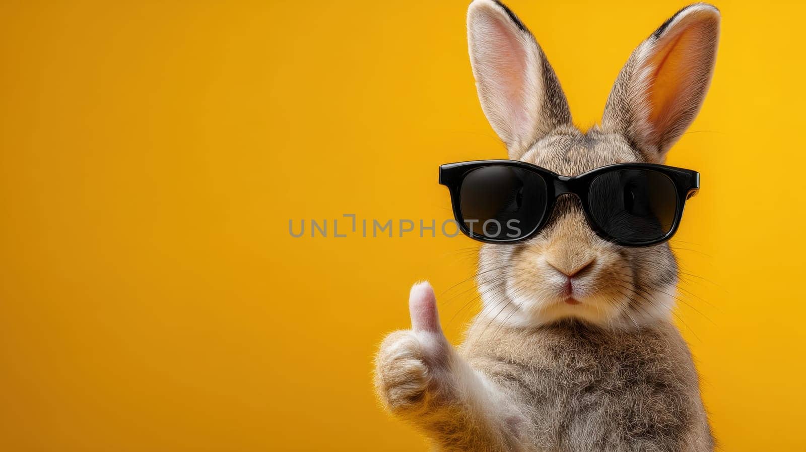 Cool Bunny Rabbit Wearing Sunglasses Thumbs Up Yellow Background pet fun cute happy image photo..