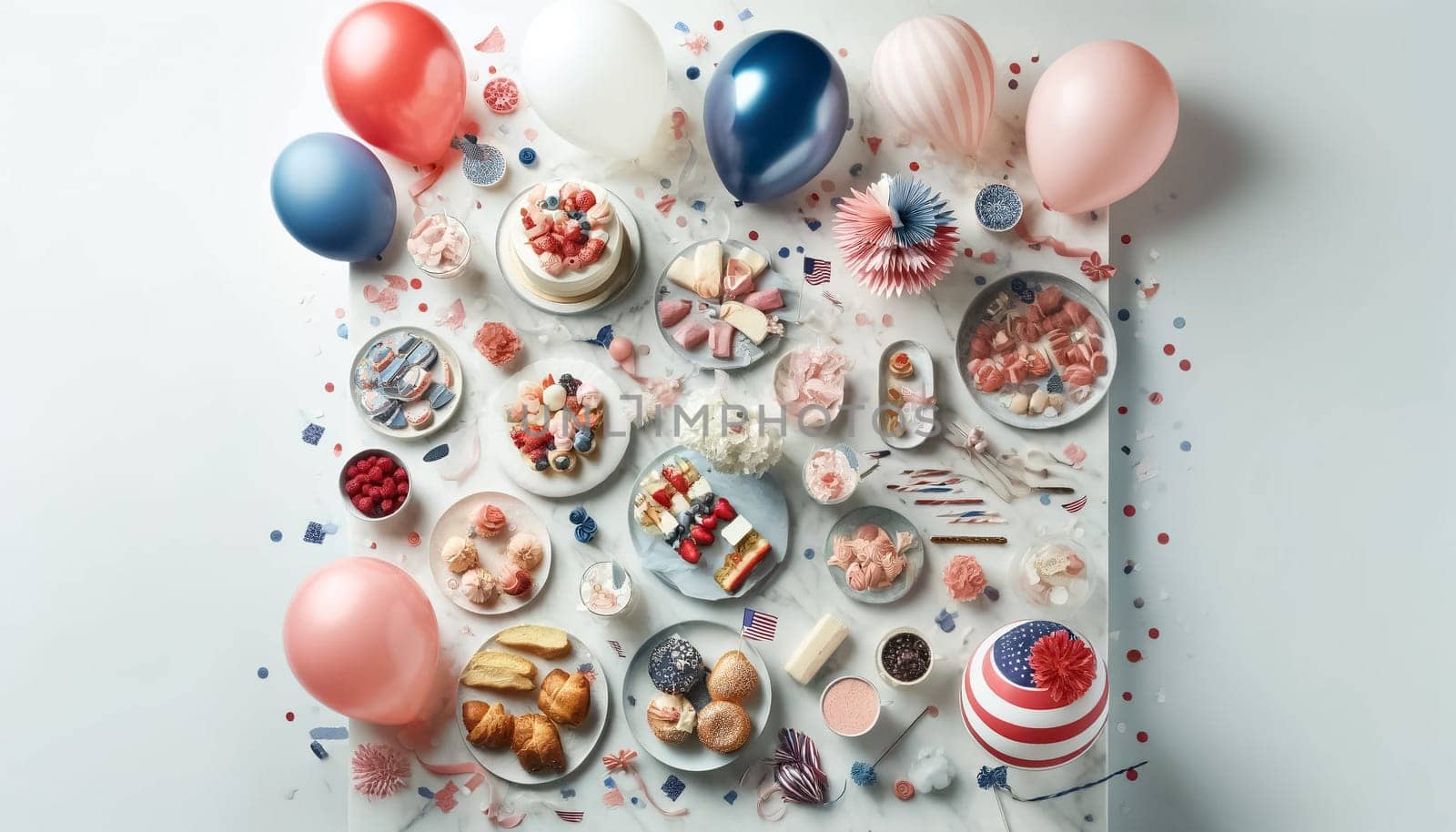 This top-down image captures a modern July 4th celebration arranged on a white marble table, featuring pastel red, white, and blue decorations with elegant finger foods like gourmet sandwiches and fruit platters.