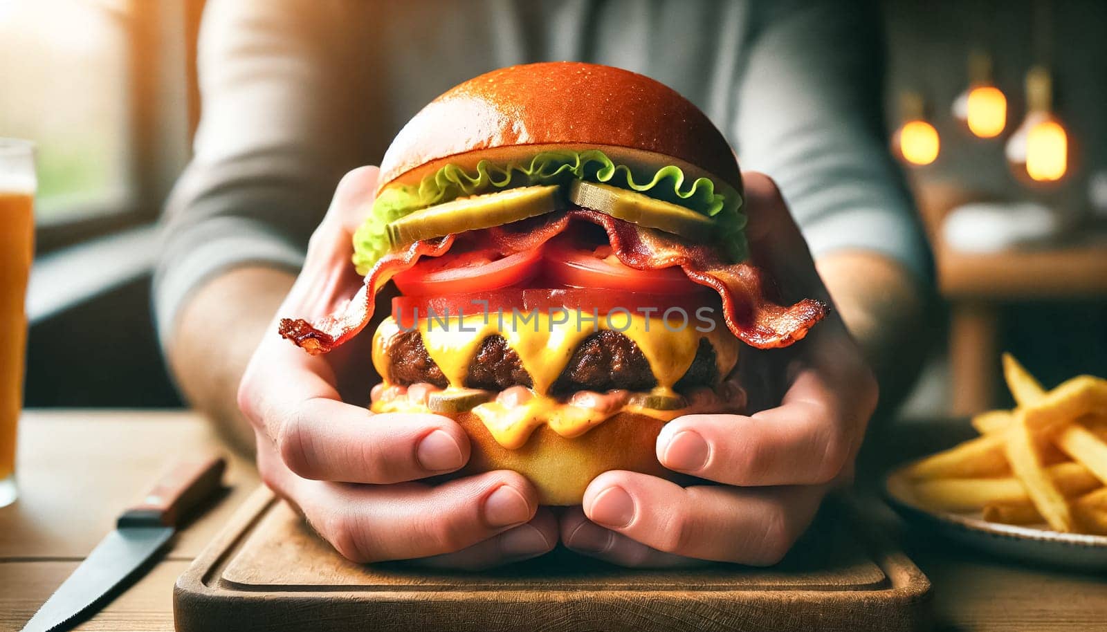 A mouthwatering close-up of a juicy cheeseburger held by a person, featuring melted cheese, crispy bacon, fresh lettuce, tomato, and pickles all packed between a soft golden bun. The blurred background emphasizes the vibrant colors and textures, making the burger the star of the image.