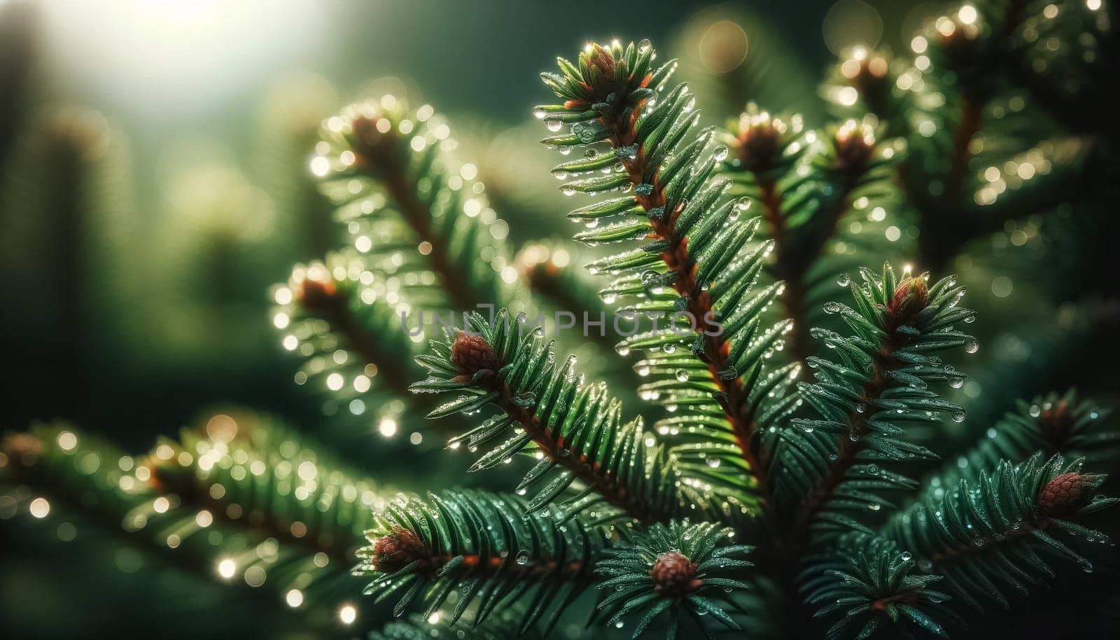This macro photograph showcases the detailed beauty of an evergreen tree's needles, highlighted with dew, positioned on the left, allowing for a large copy space on the right. The soft, blurred background enhances the vivid green needles, ideal for additional text or design elements.