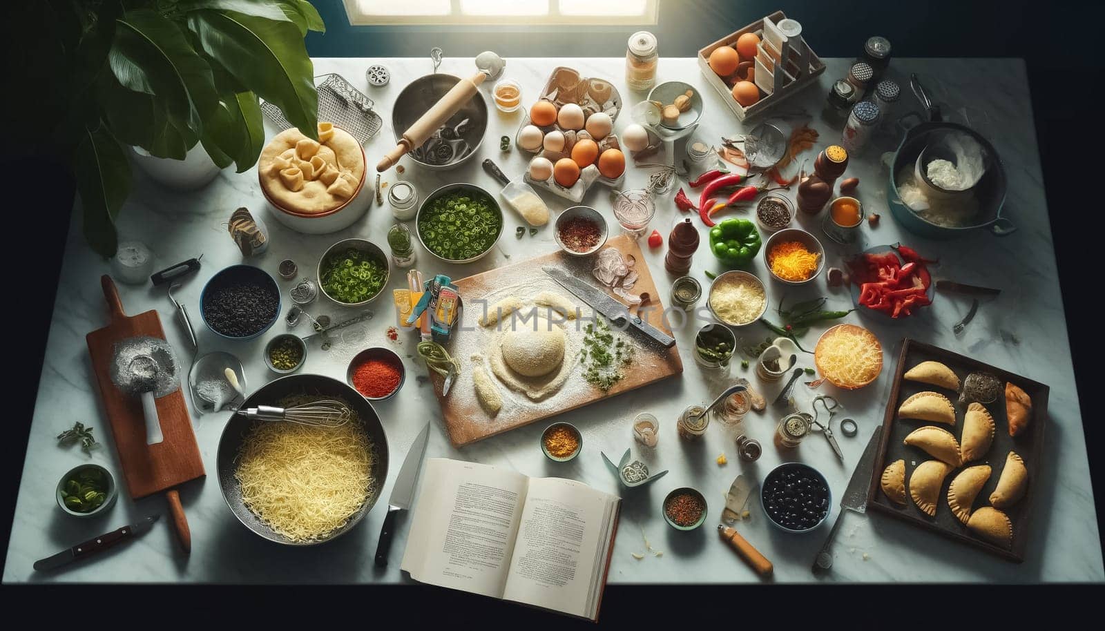 A close-up top-down perspective captures the bustling activity and colorful mess of empanada ingredients and tools spread across a modern kitchen counter, illuminated by bright natural light.