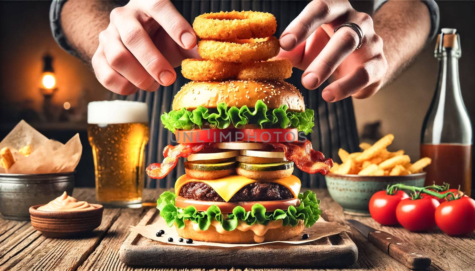 A detailed close-up of a hand carefully assembling a gourmet burger, featuring layers of fresh ingredients like crispy onion rings, bacon, lettuce, tomato, and melted cheese. The scene is set on a rustic table with a cold beer slightly out of focus in the background.