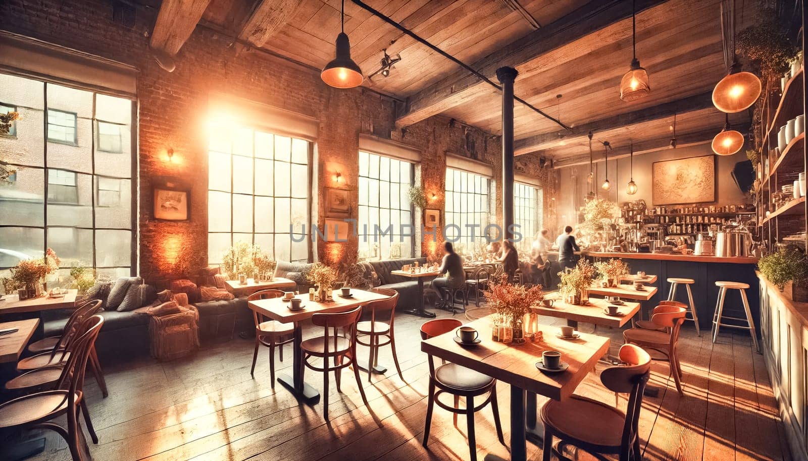 A trendy loft-style cafe filled with natural sunlight, featuring high ceilings, exposed brick walls, and stylish industrial decor. Ideal for coffee lovers, remote work, and casual meet-ups.