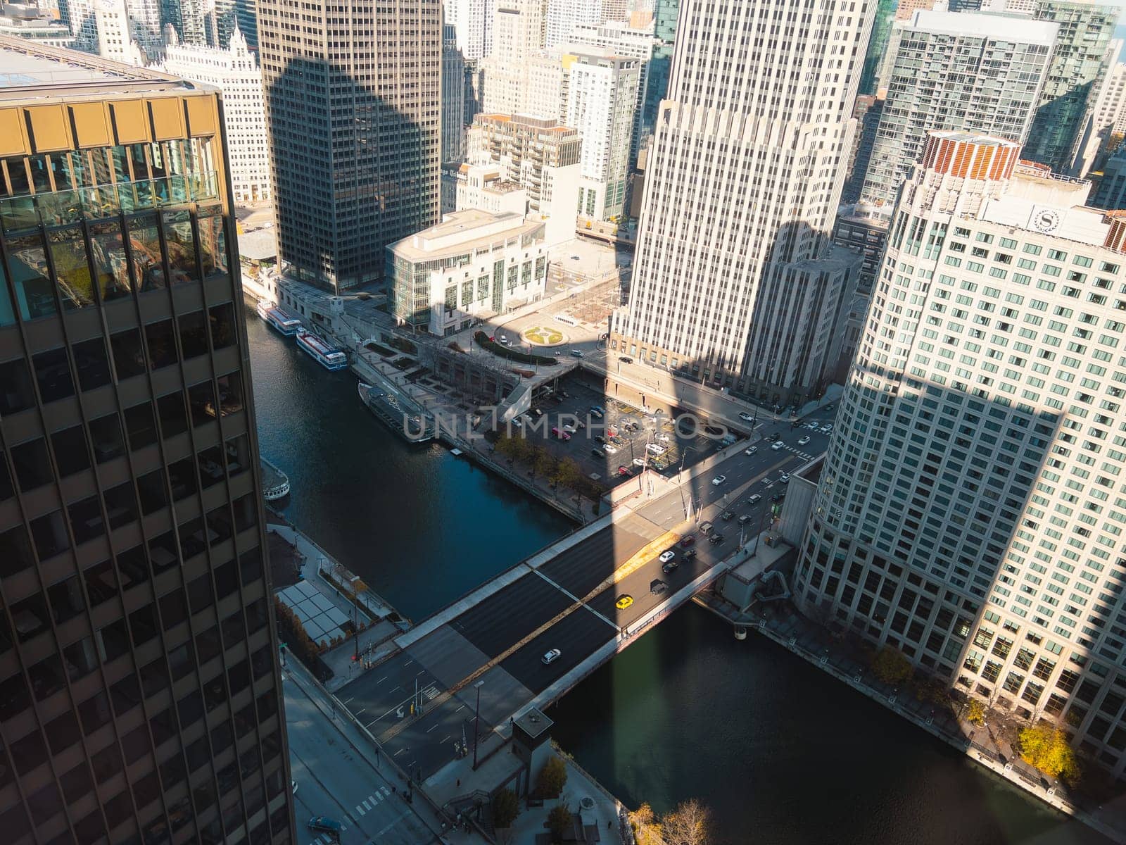 Chicago, Illinois, USA-November 9, 2023-A breathtaking aerial perspective of downtown Chicago, Illinois, captured from a tall building's window.
