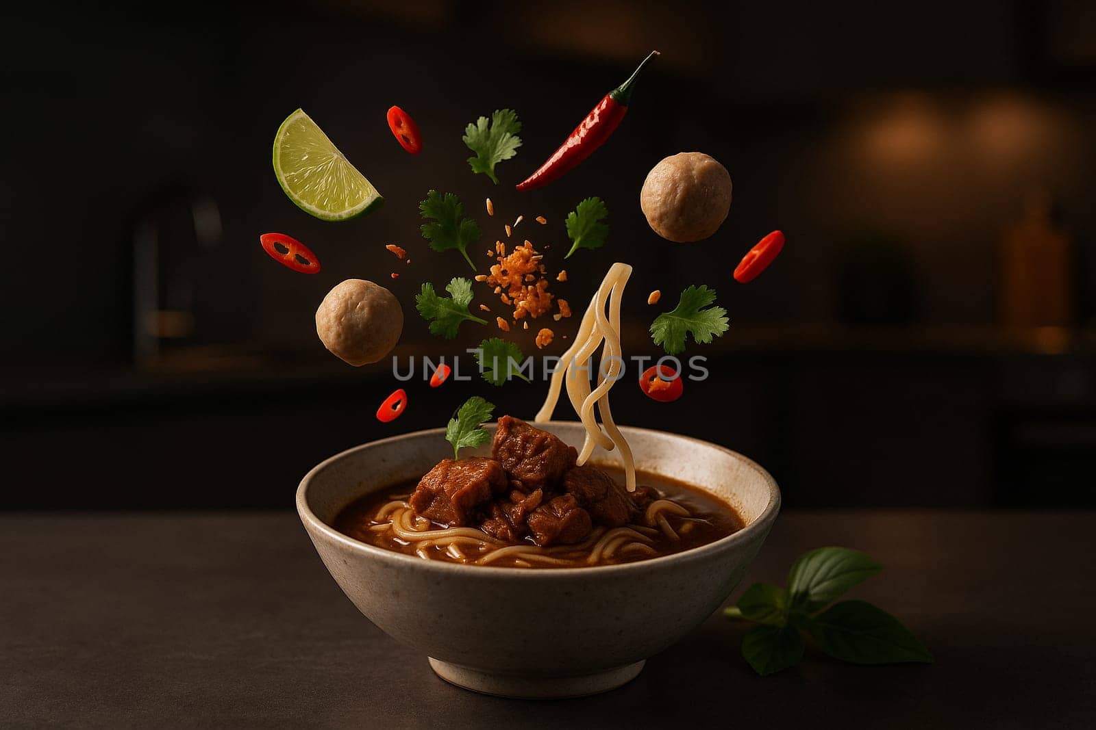 AI generated image of Thai boat noodles with ingredients bursting in air in a dark modern kitchen mood lighting for culinary and business use
