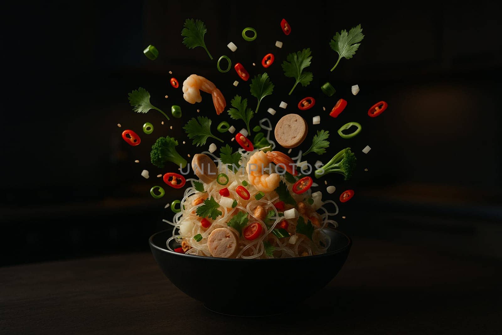 AI generated image of Thai glass noodle salad with herbs shrimp and vegetables bursting in a moody kitchen scene for culinary and branding visuals