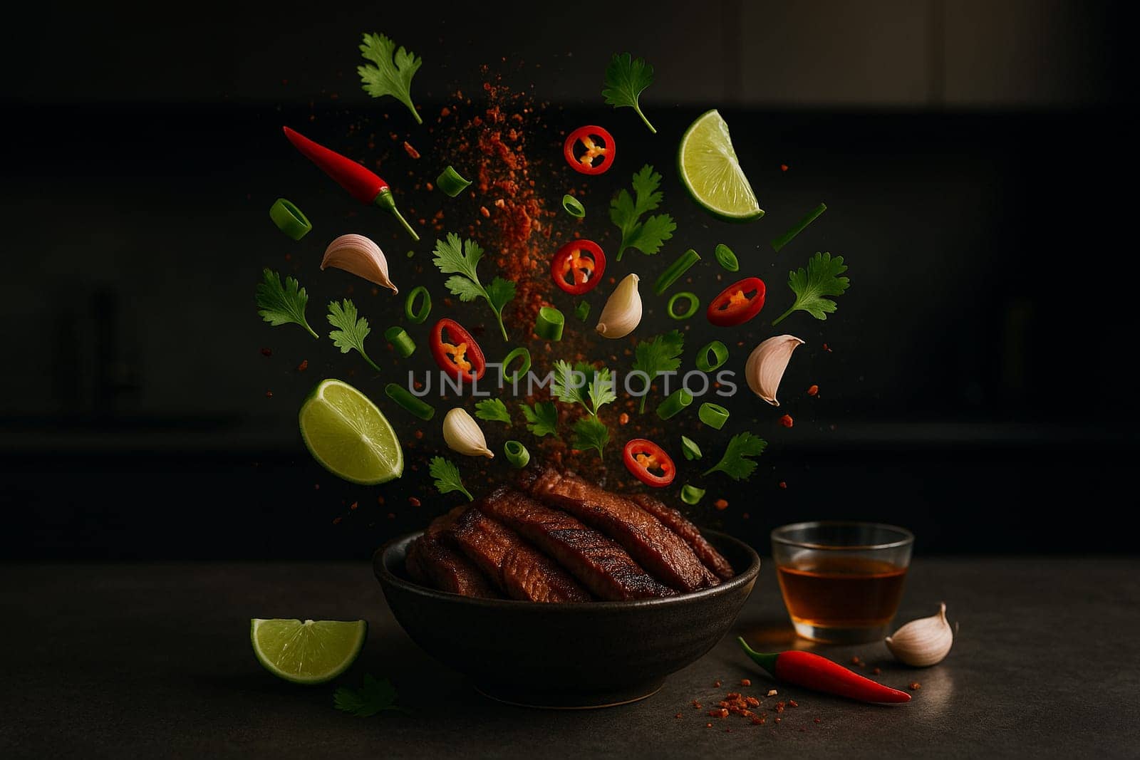 AI generated image of grilled Thai beef with herbs and spices bursting in a moody modern kitchen